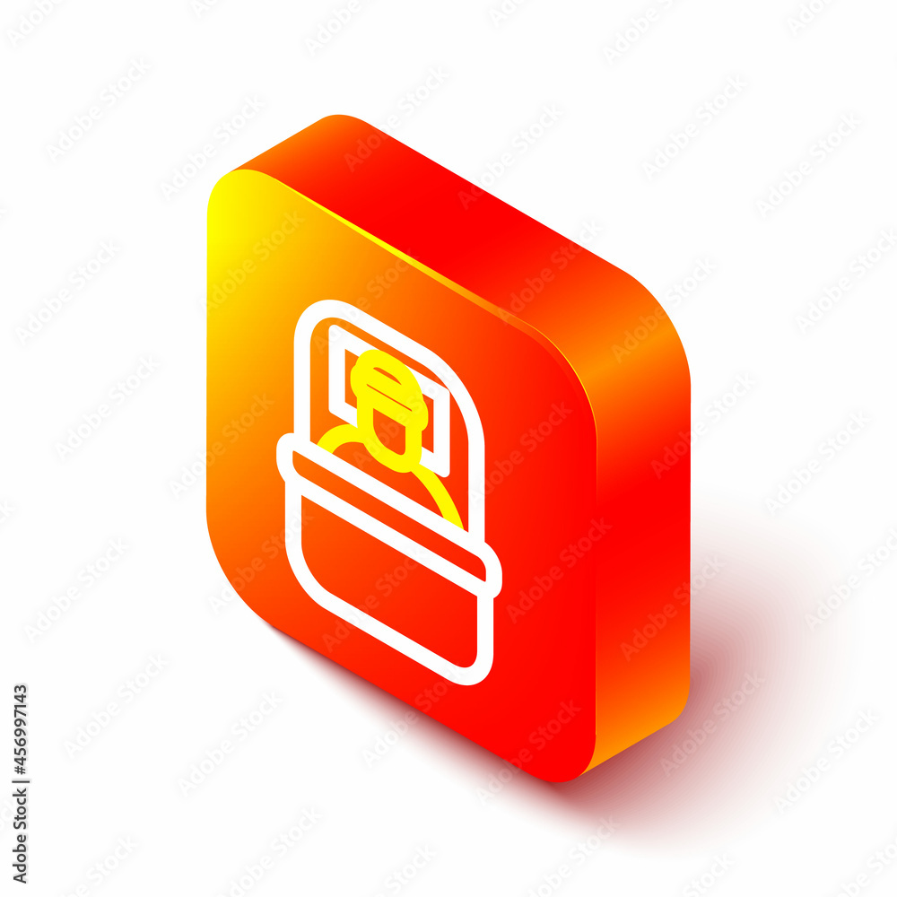 Isometric line Sleeping bag icon isolated on white background. Orange square button. Vector