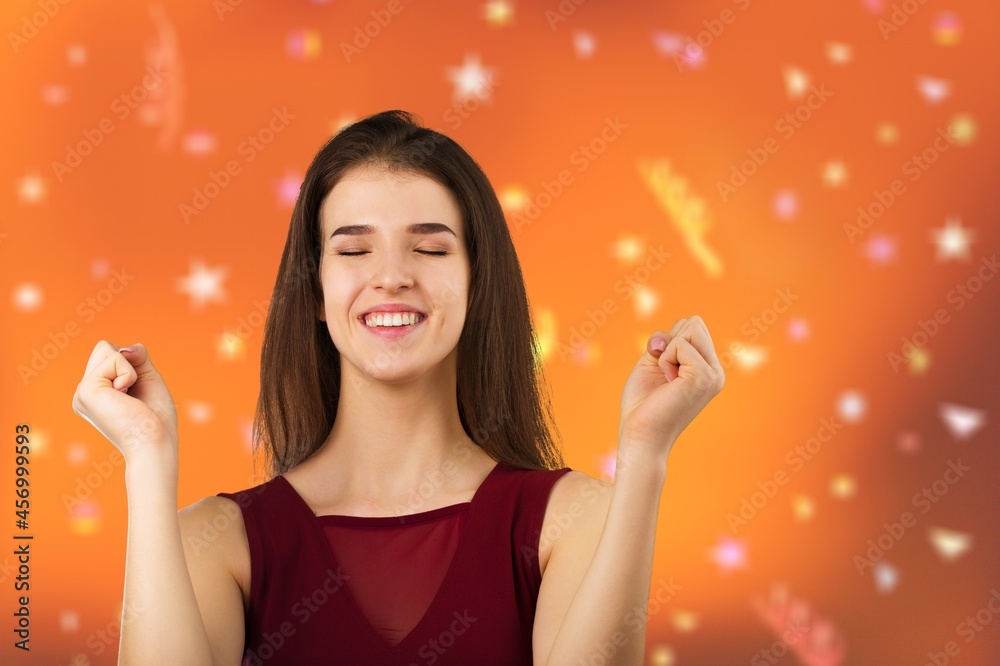 Photo of young girl happy positive smile amazed shocked surprise on color background