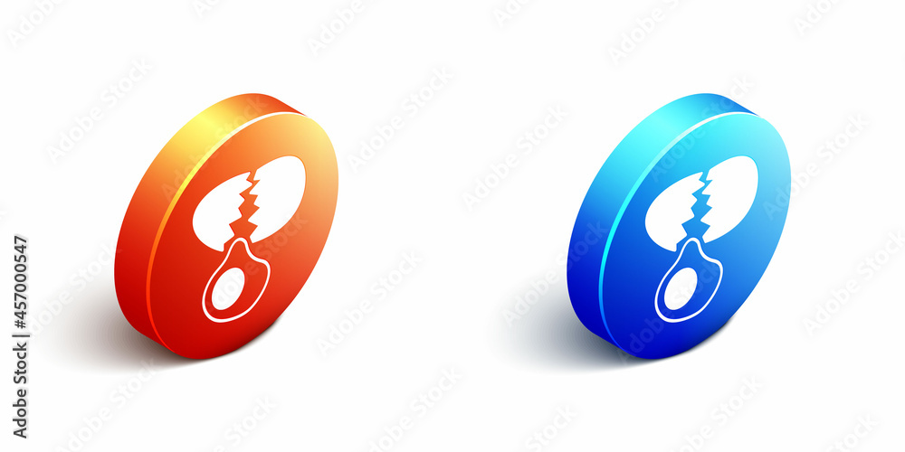 Isometric Broken egg icon isolated on white background. Happy Easter. Orange and blue circle button.