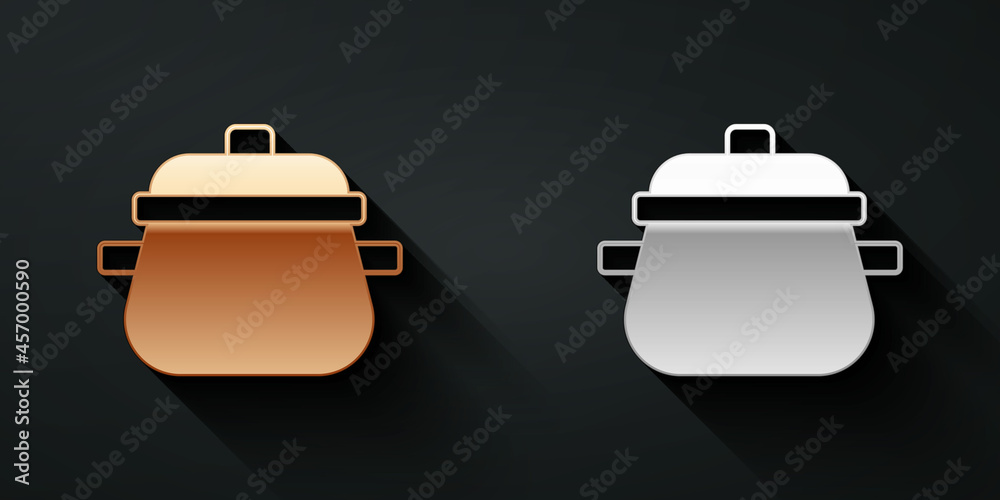 Gold and silver Cooking pot icon isolated on black background. Boil or stew food symbol. Long shadow