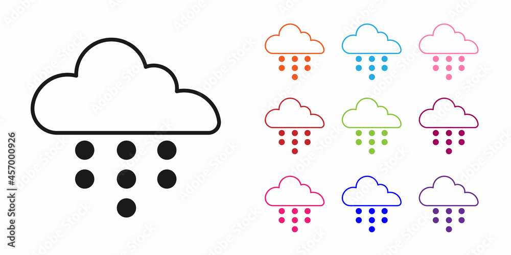 Black Cloud with rain icon isolated on white background. Rain cloud precipitation with rain drops. S