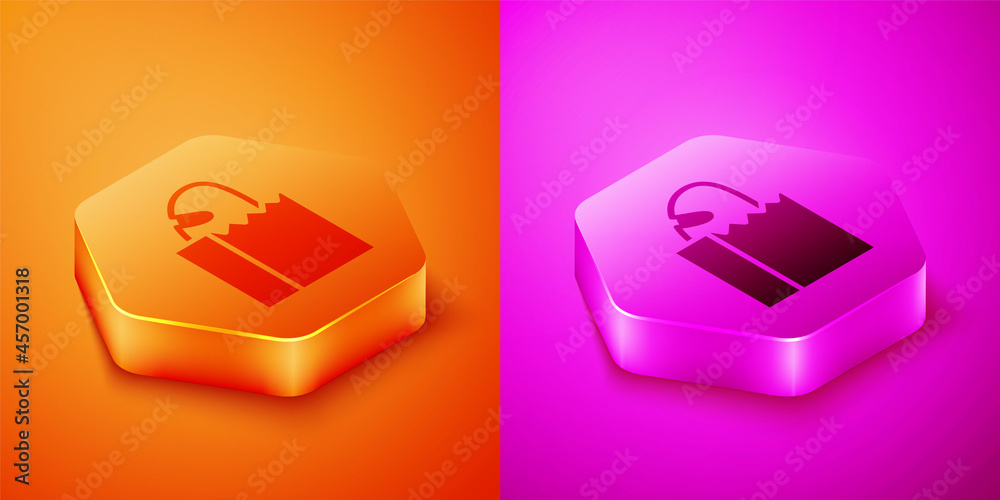 Isometric Paper bag with bread loaf icon isolated on orange and pink background. Hexagon button. Vec