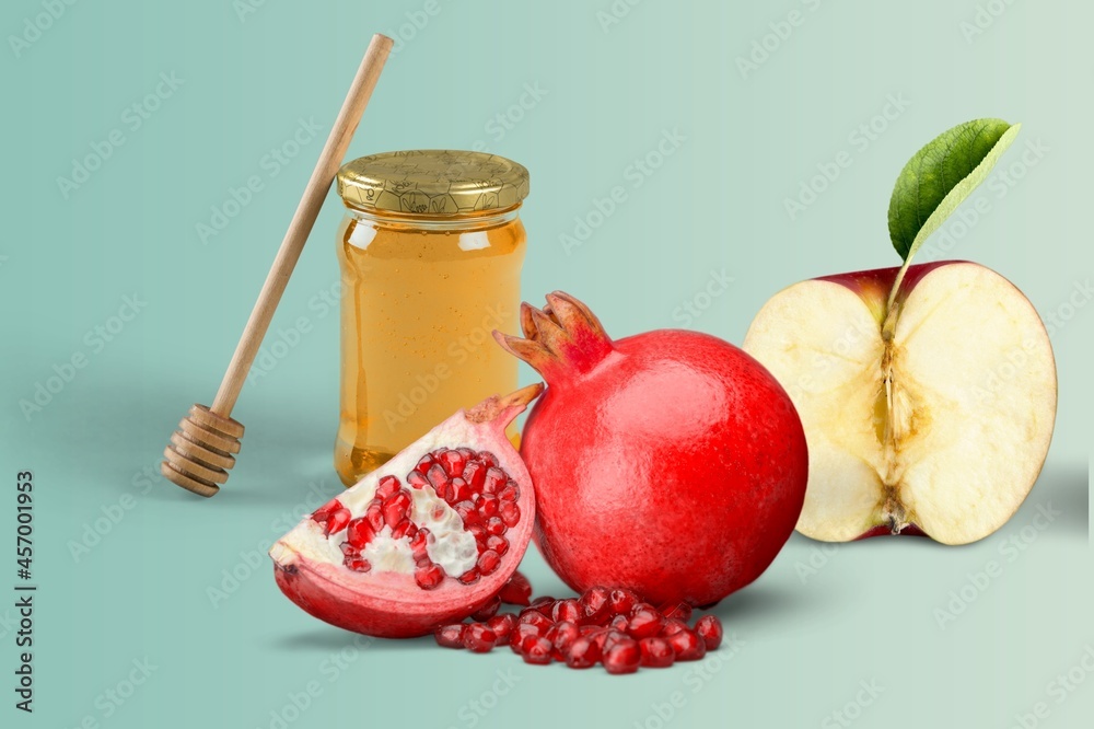 honey, pomegranate and apple. Rosh hashanah (jewish New Year holiday) concept on the desk