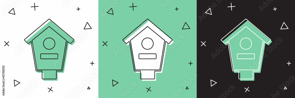 Set Bird house icon isolated on white and green, black background. Nesting box birdhouse, homemade b