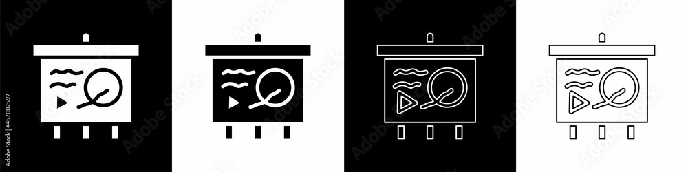 Set Scenario on chalkboard icon isolated on black and white background. Script reading concept for a