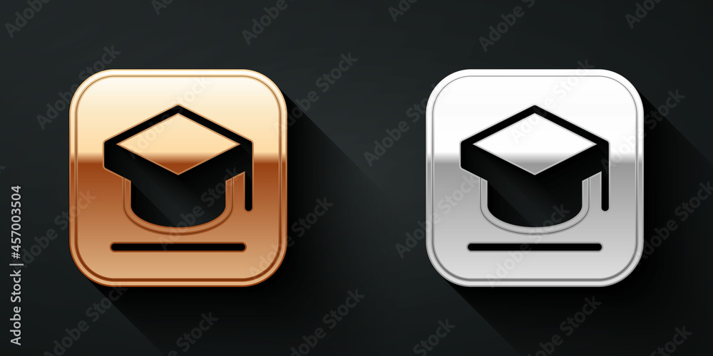 Gold and silver Graduation cap icon isolated on black background. Graduation hat with tassel icon. L