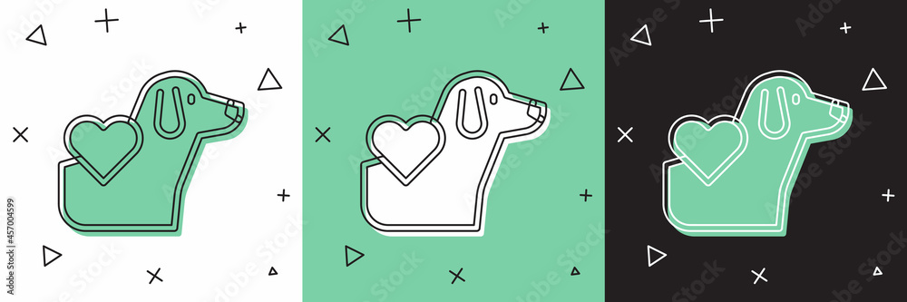 Set Heart with dog icon isolated on white and green, black background. Pet paw in heart. Love to the