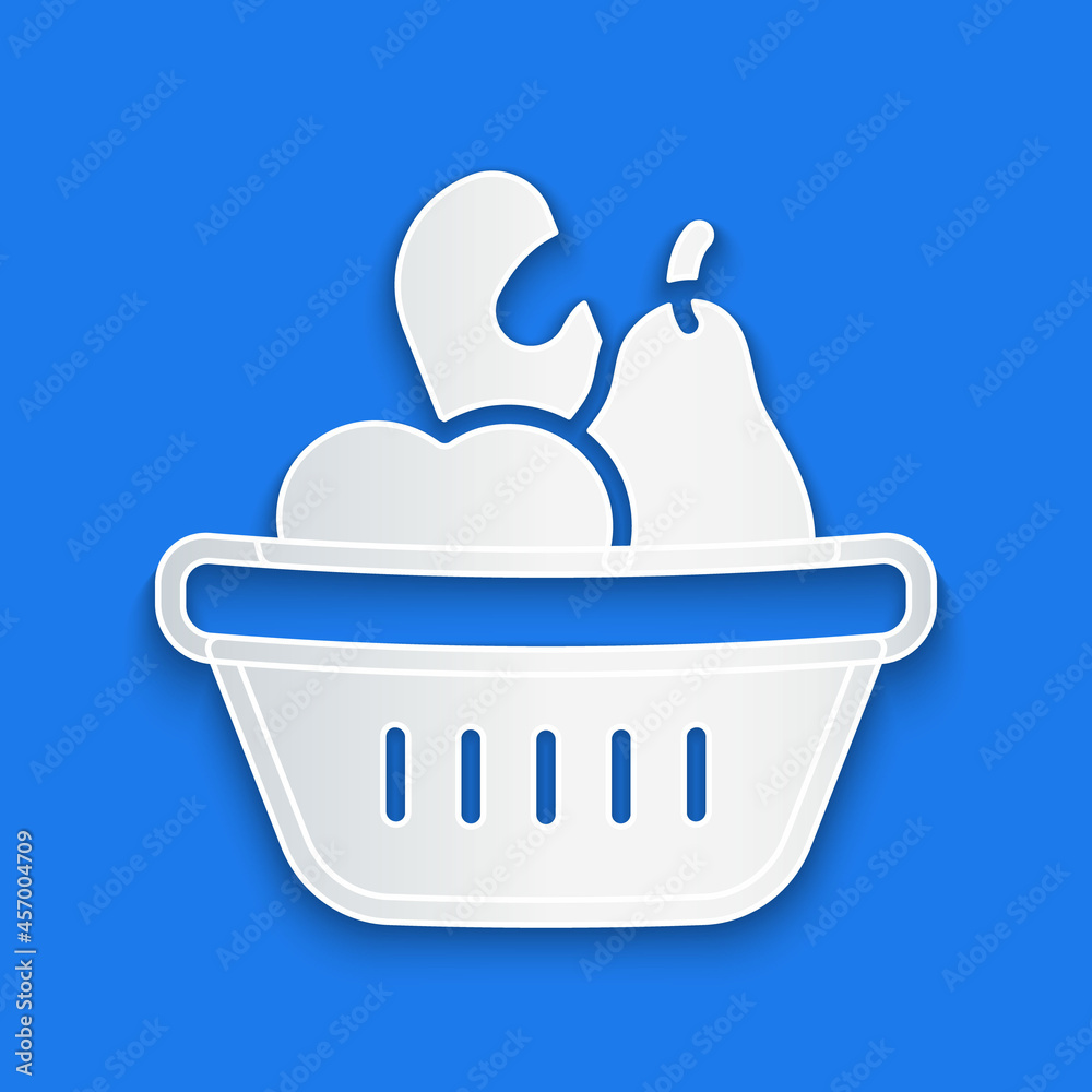 Paper cut Donation food box icon isolated on blue background. Paper art style. Vector