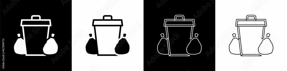 Set Trash can icon isolated on black and white background. Garbage bin sign. Recycle basket icon. Of