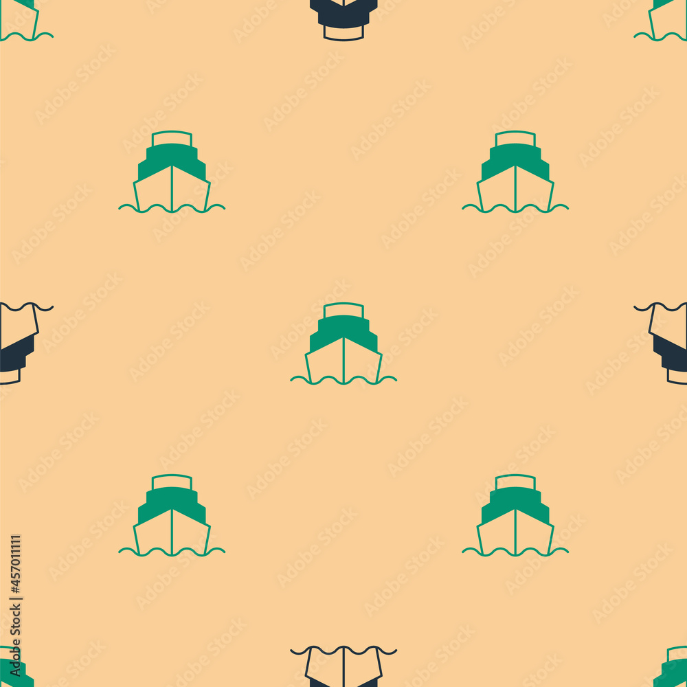 Green and black Cruise ship in ocean icon isolated seamless pattern on beige background. Cruising th