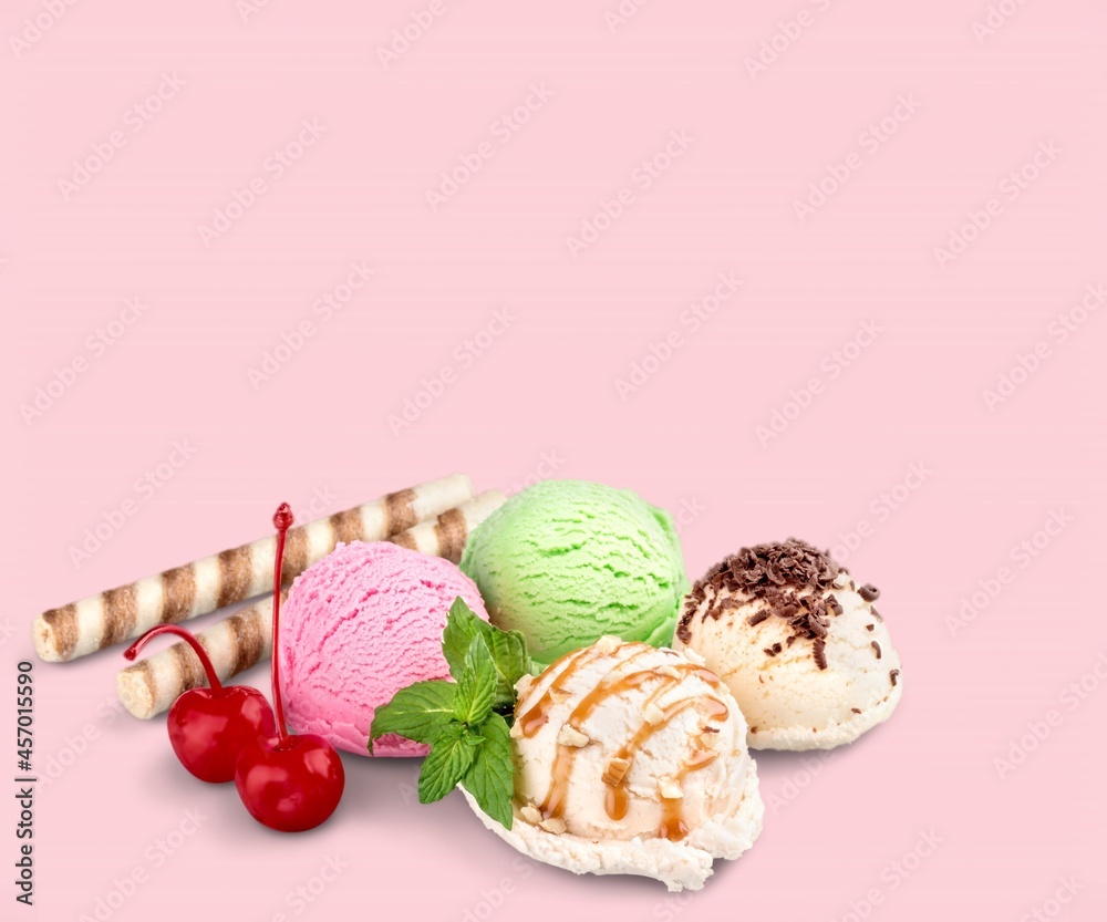 Set of various colorful Ice Cream scoops with different flavors and fresh ingredients