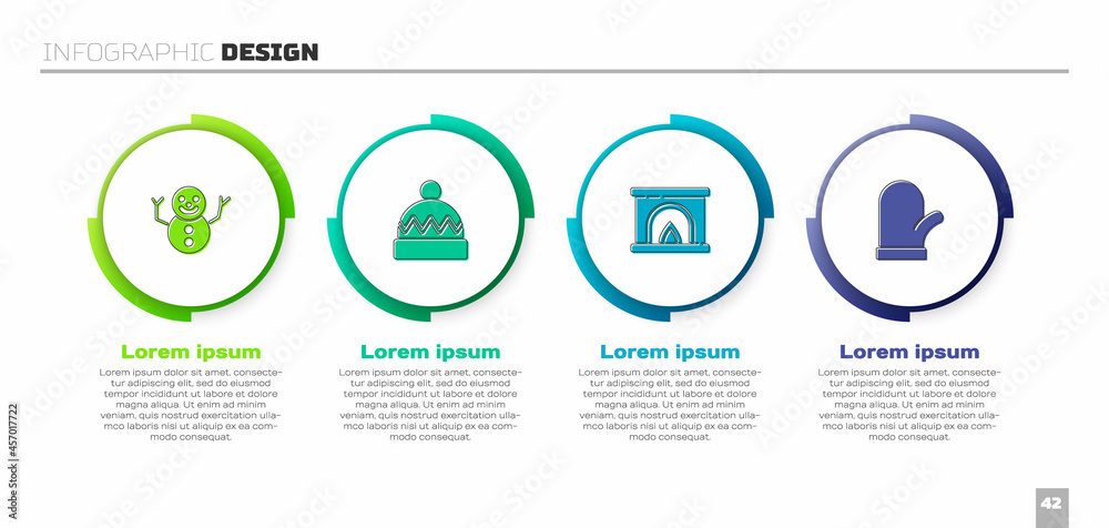 设置圣诞雪人、冬季帽子、室内壁炉和手套。商业信息图模板。Vec