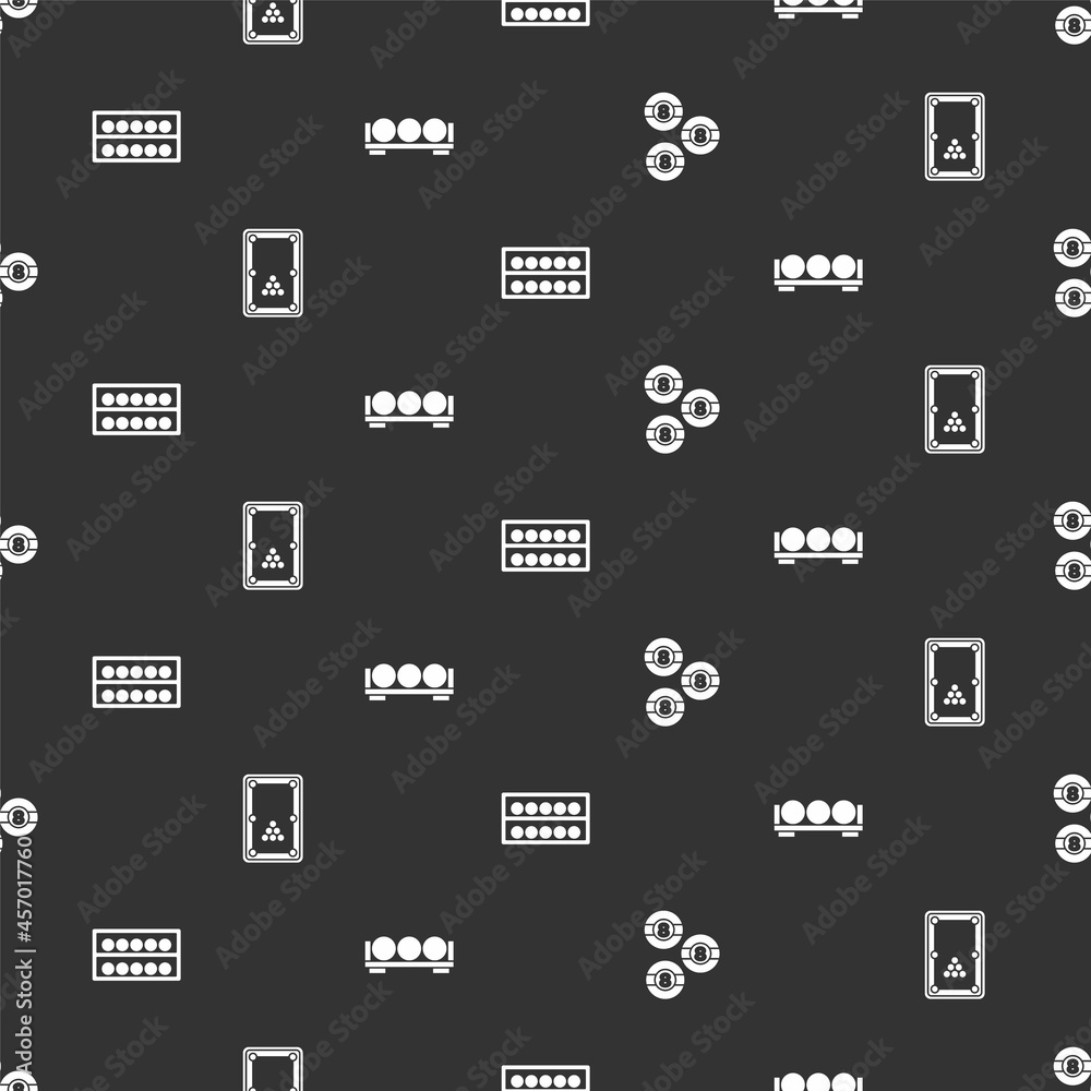 Set Billiard ball, table, balls on stand and on seamless pattern. Vector