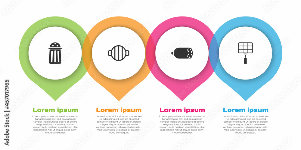 Set Salt, Barbecue grill, Salami sausage and steel grid. Business infographic template. Vector