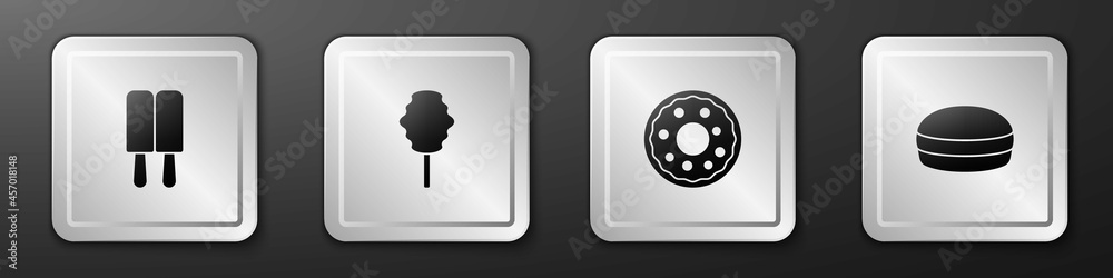 Set Ice cream, Cotton candy, Donut and Macaron cookie icon. Silver square button. Vector