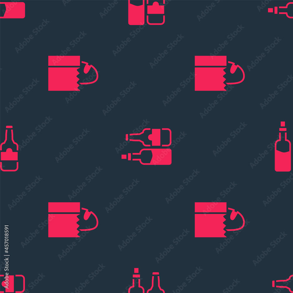 Set Paper bag with bread loaf and Whiskey bottle on seamless pattern. Vector