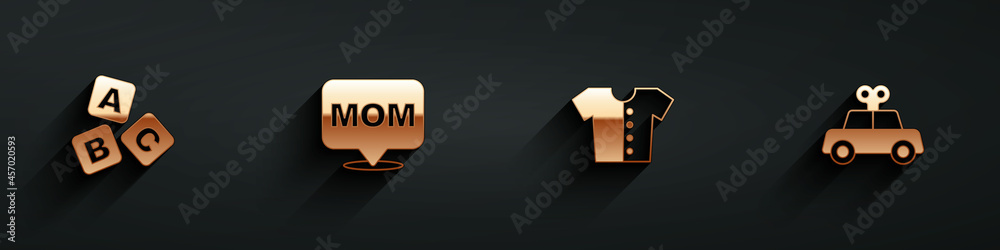 Set ABC blocks, Speech bubble mom, Baby t-shirt and Toy car icon with long shadow. Vector