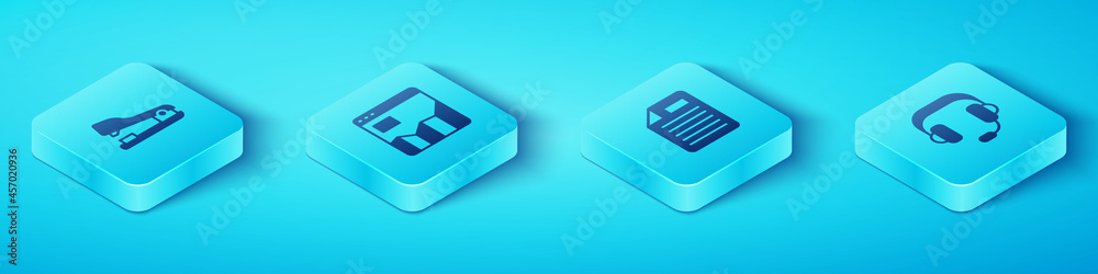 Set Isometric Stapler, Graph chart infographic, Headphones and File document icon. Vector