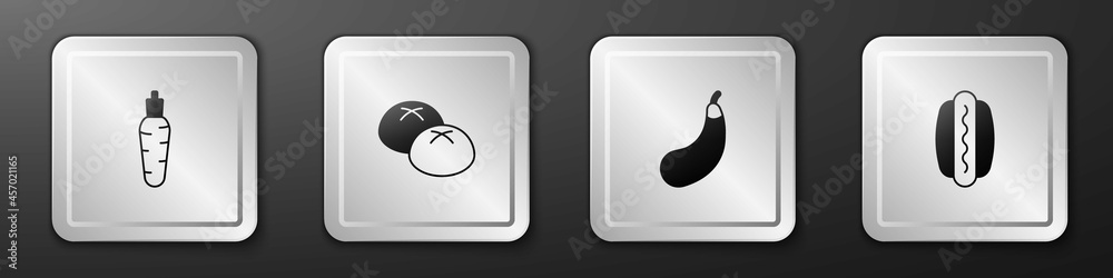 Set Carrot, Bread loaf, Eggplant and Hotdog icon. Silver square button. Vector