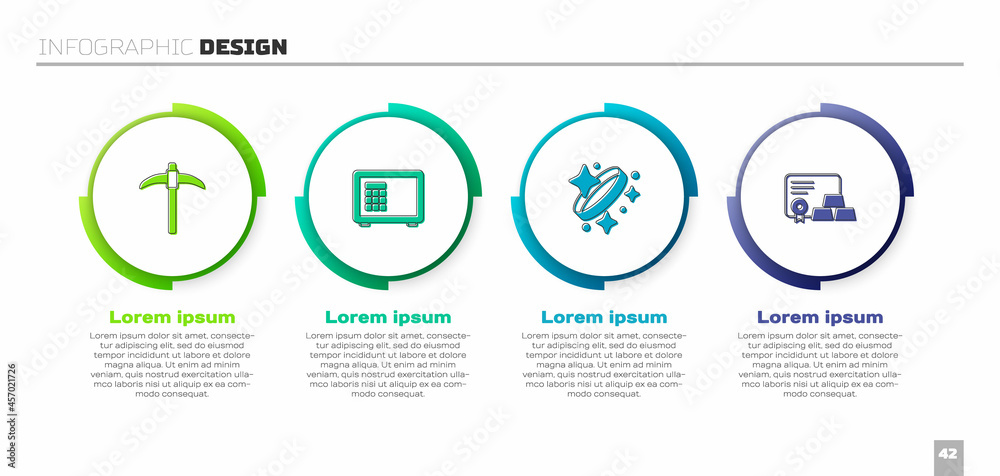 用证书设置镐、保险箱、金戒指和金条。商业信息图表模板。矢量