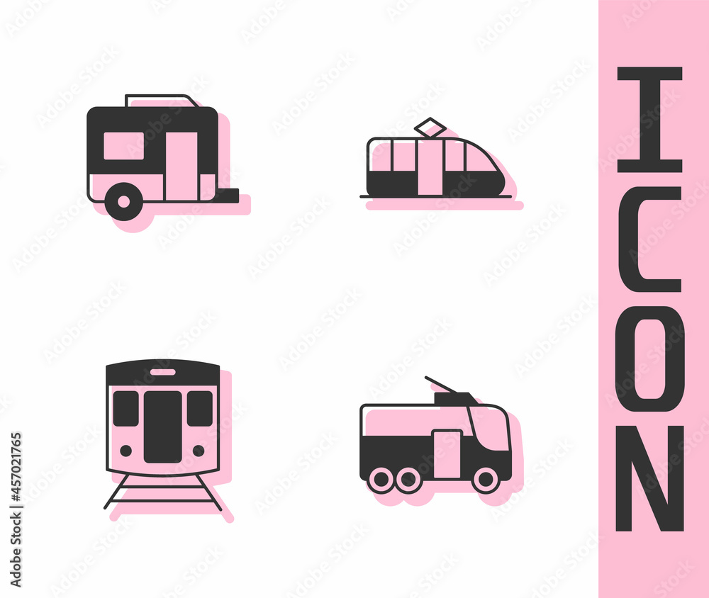 Set Trolleybus, Rv Camping trailer, Train and railway and Tram icon. Vector