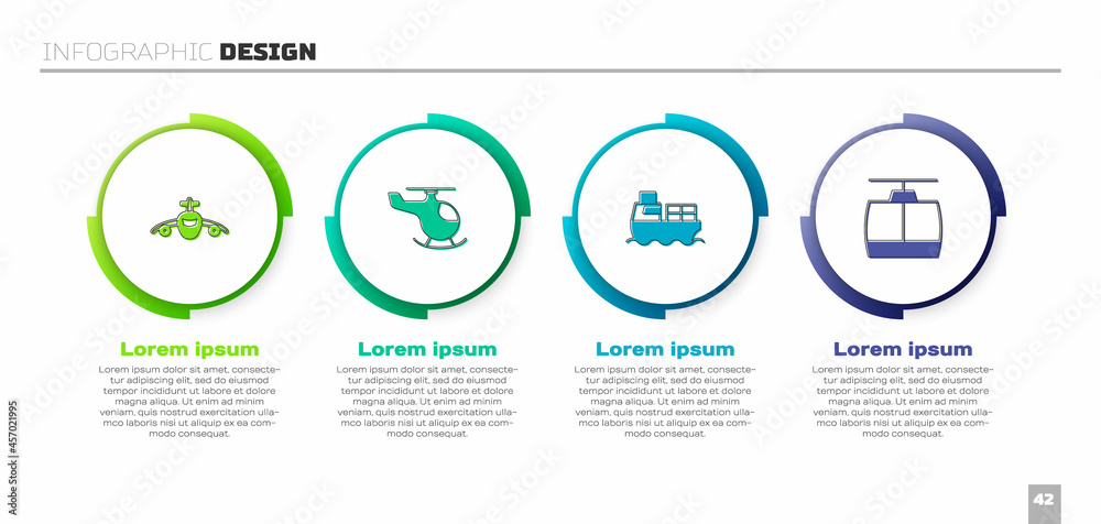设置飞机、直升机、带箱子的货船和缆车。商业信息图模板。