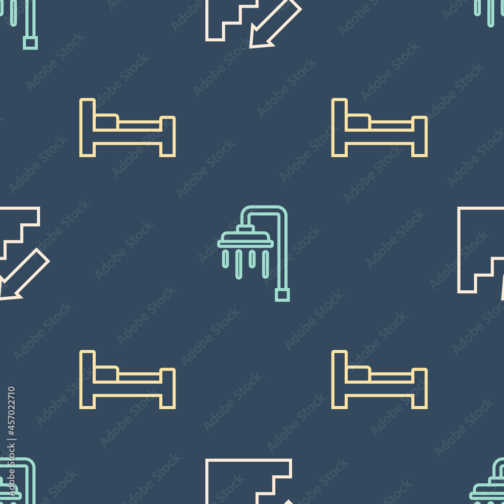 Set line Stairs up, Hotel room bed and Shower on seamless pattern. Vector