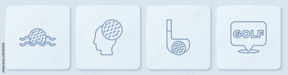 Set line Golf ball in water, club with, and label. White square button. Vector