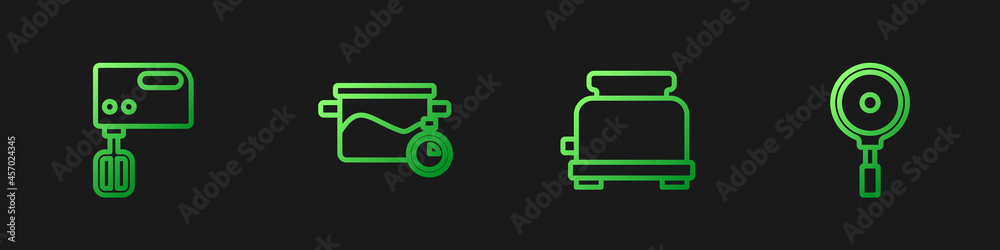 设置线烤面包机、电动搅拌器、烹饪锅和煎锅。渐变色图标。矢量
