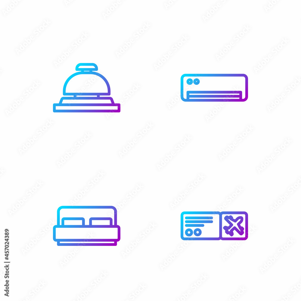 Set line Airline ticket, Hotel room bed, service bell and conditioner. Gradient color icons. Vector