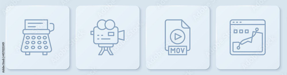 Set line Retro typewriter, MOV file document, cinema camera and Histogram graph photography. White s