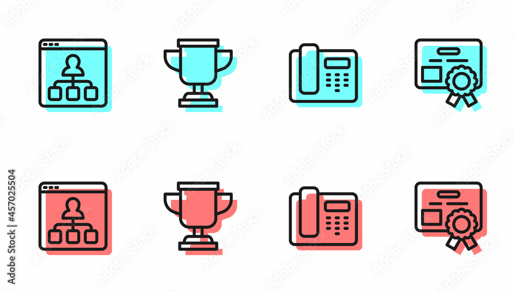 Set line Telephone 24 hours support, Online education, Award cup and Certificate template icon. Vect