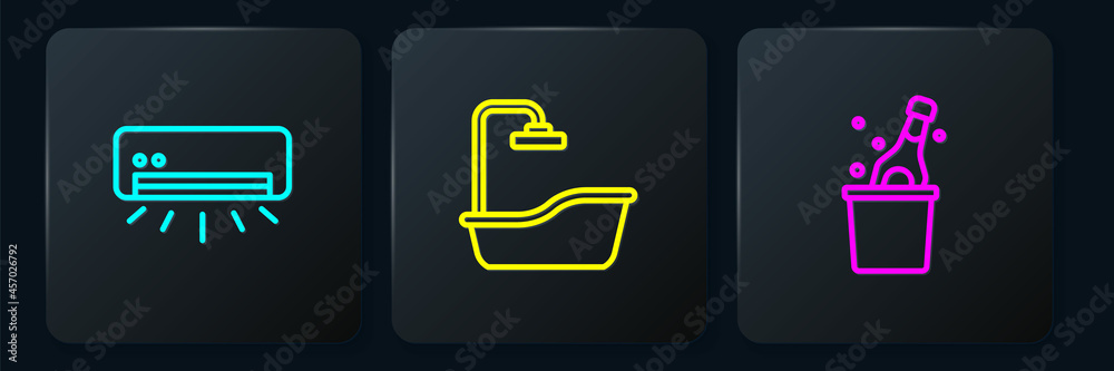 Set line Air conditioner, Bottle of champagne and Bathtub. Black square button. Vector