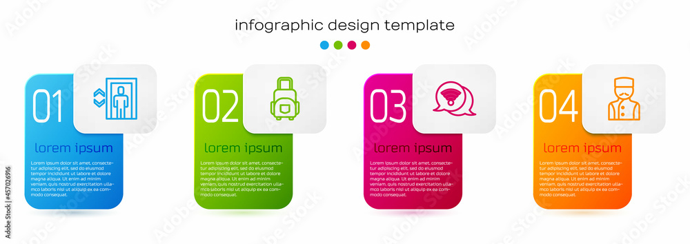设线电梯、手提箱、Wi-Fi无线互联网和礼宾服务。商业信息图模板。Vecto