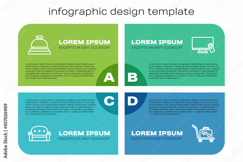 套装沙发、酒店服务铃、拉杆箱和智能电视。商务信息图模板.Vec