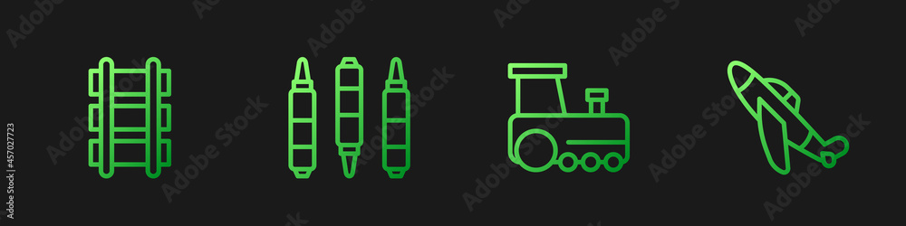 设置线路玩具火车，铁路，记号笔和飞机。渐变色图标。矢量