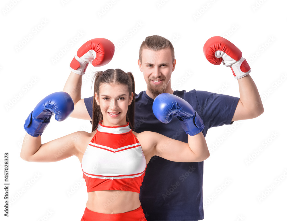 Cheerleader and boxer on white background