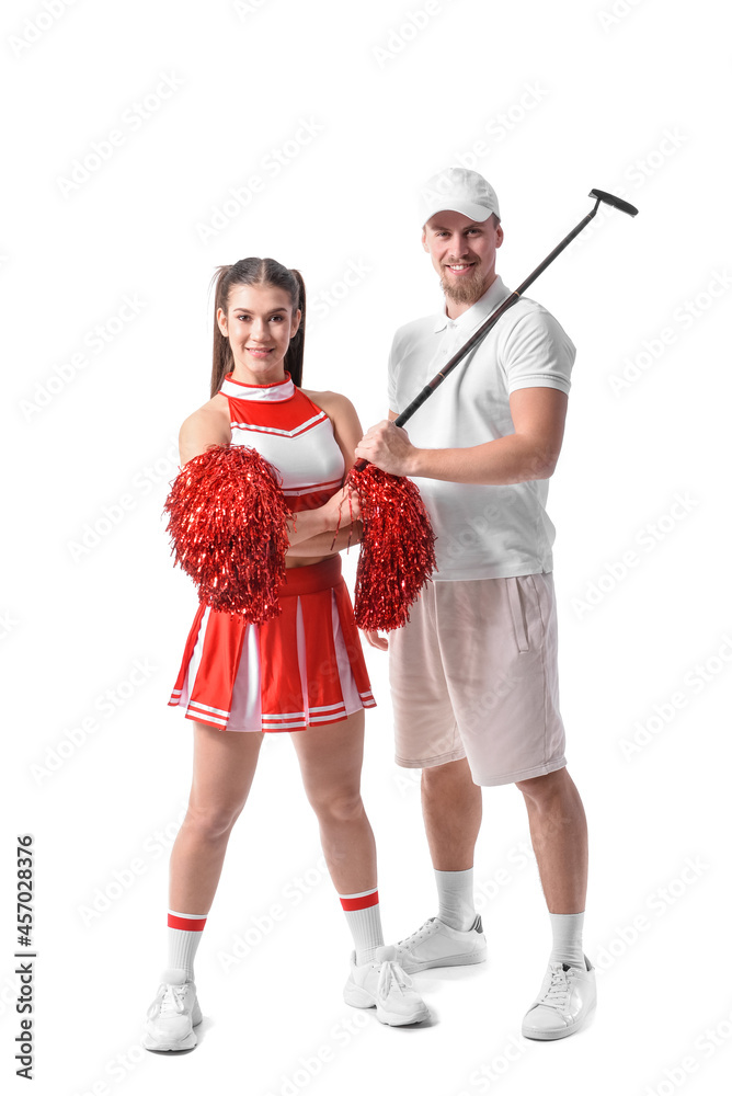 Cheerleader and golfer on white background