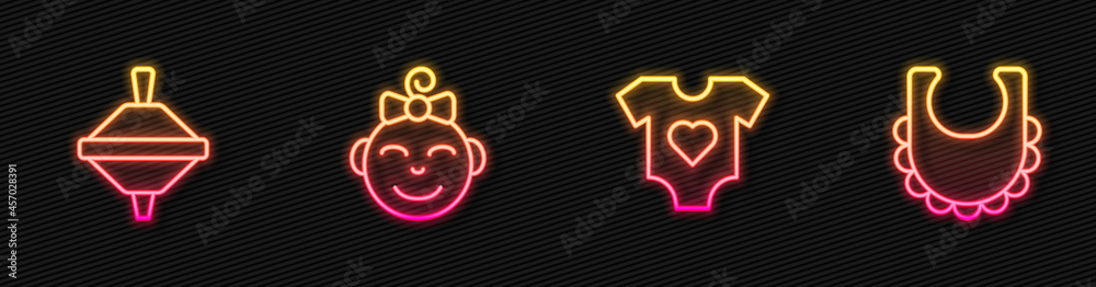 Set line Baby clothes, Whirligig toy, Little girl head and bib. Glowing neon icon. Vector