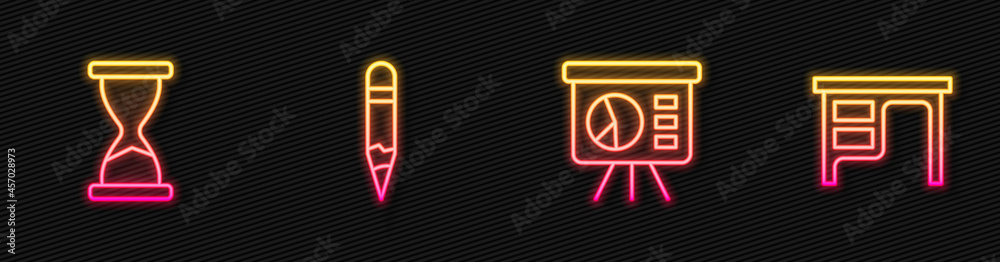 Set line Board with graph, Old hourglass, Pencil and Office desk. Glowing neon icon. Vector