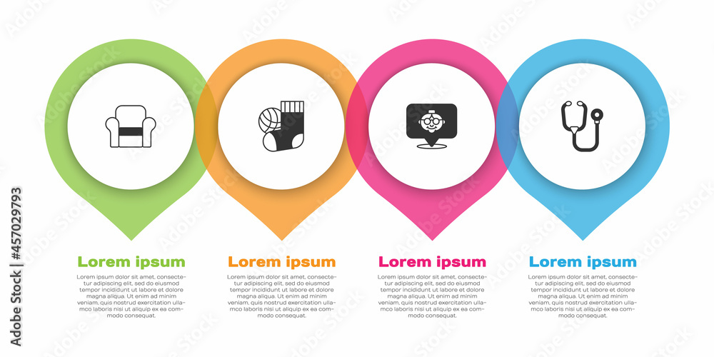 设置扶手椅、袜子、祖母和听诊器。商业信息图模板。矢量