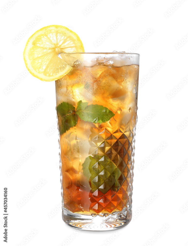 Glass of tasty Long Island iced tea on white background