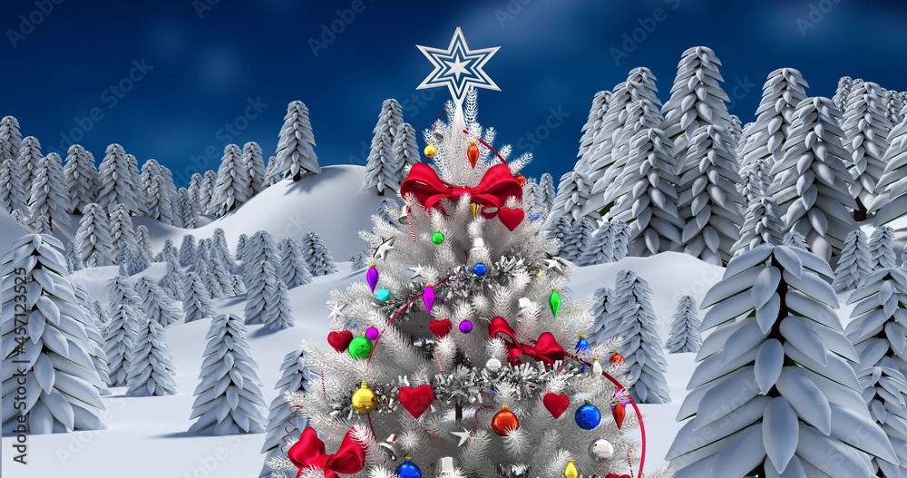 Image of winter scenery landscape seen through window and decorated christmas tree on blue backg