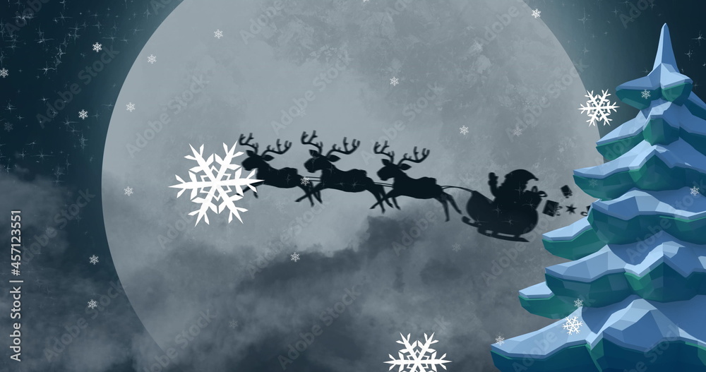 Image of winter scenery with santa claus in sleigh being pulled by reindeers