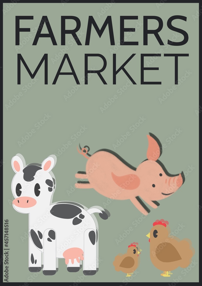 Farmers market text over cow, pig and chicken icons on green background