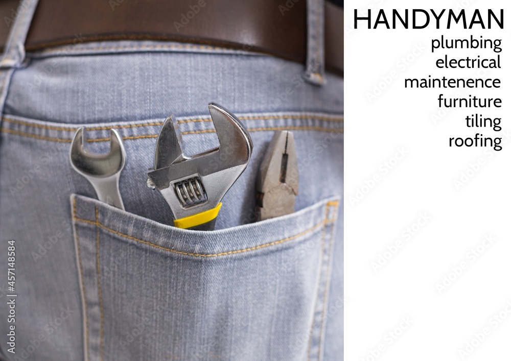 Handyman text over close up view of multiple tools in the jeans pocket of repairman