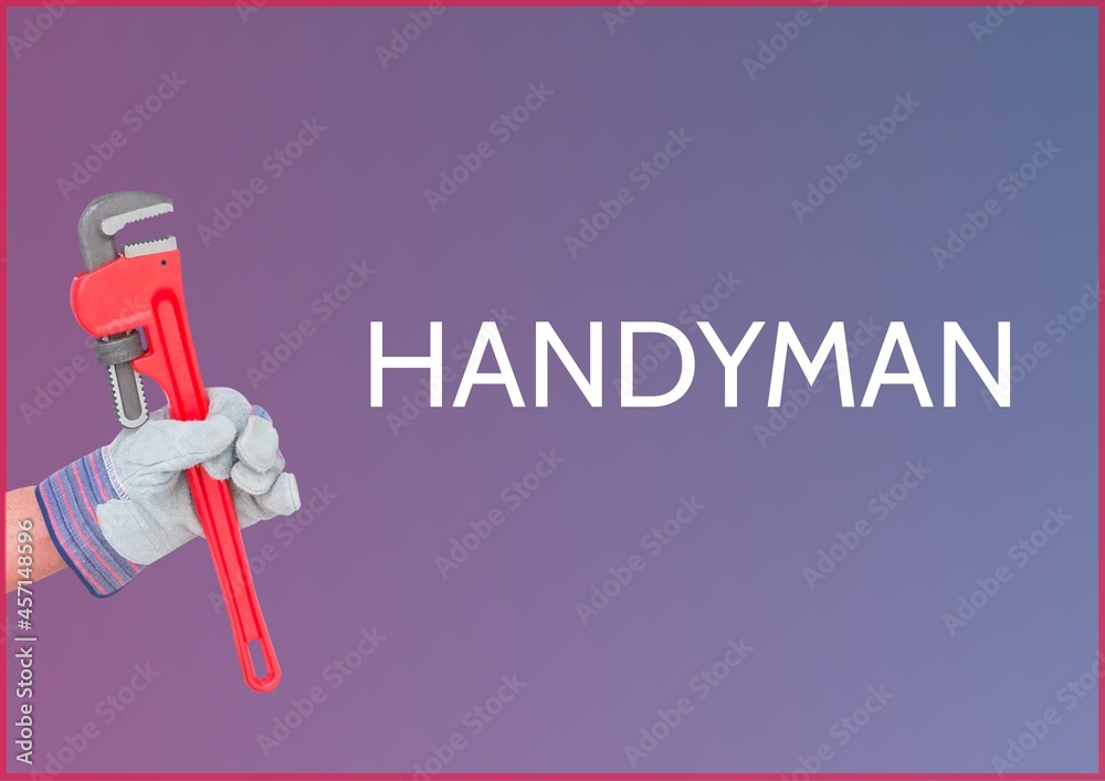 Handyman text over hand holding a tool against purple gradient background