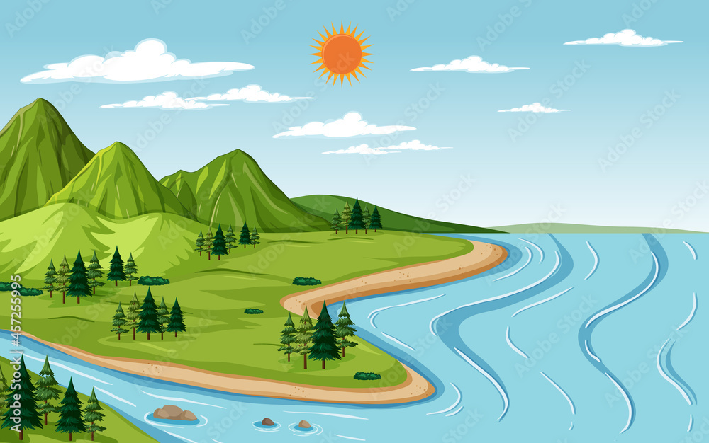 Nature landscape scene with mountain and river