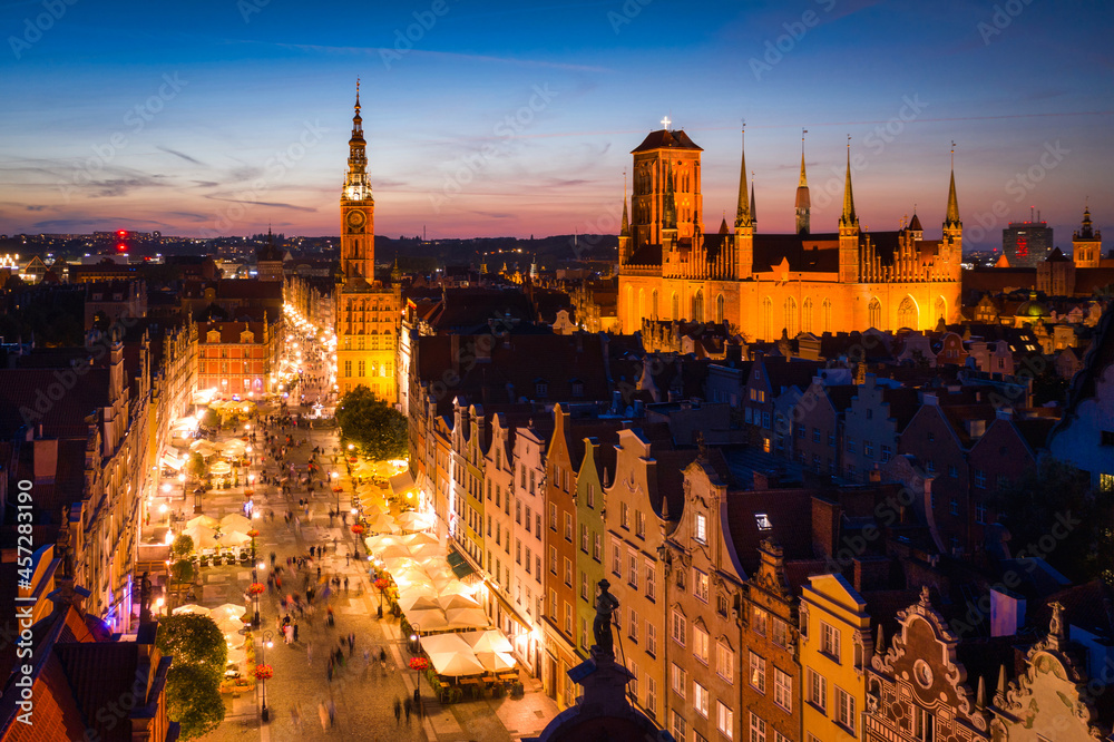 Beautiful architecture of the old town in Gdansk at dusk. Poland