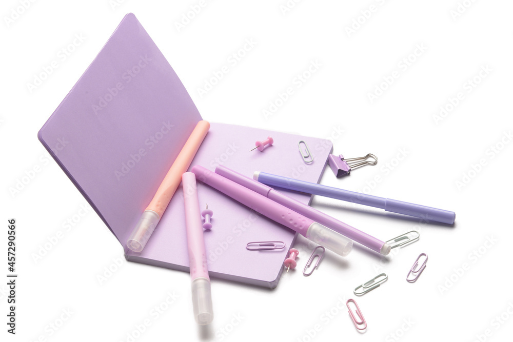 Different stationery supplies on white background